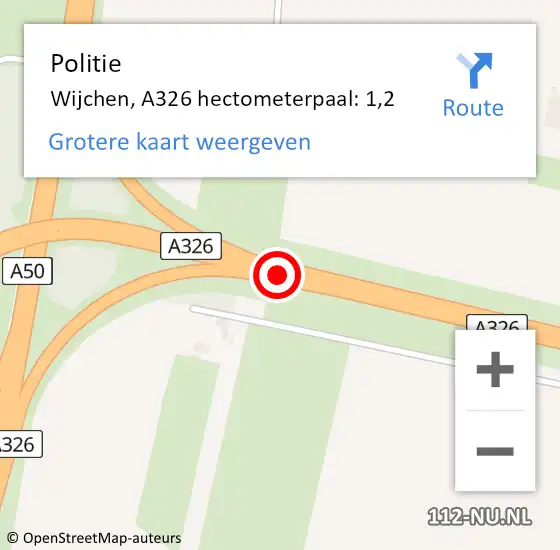 Locatie op kaart van de 112 melding: Politie Wijchen, A326 hectometerpaal: 1,2 op 21 januari 2022 07:10