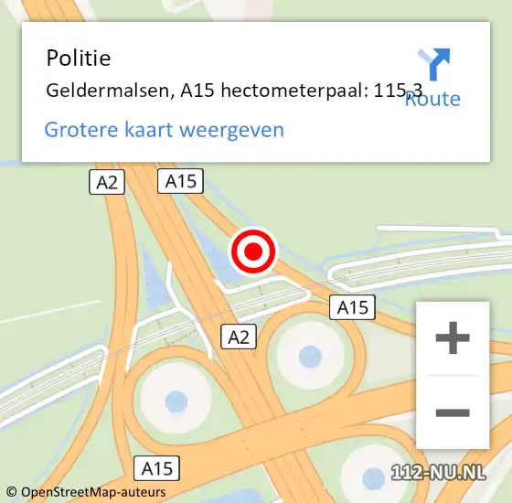 Locatie op kaart van de 112 melding: Politie Geldermalsen, A15 hectometerpaal: 115,3 op 21 januari 2022 07:47