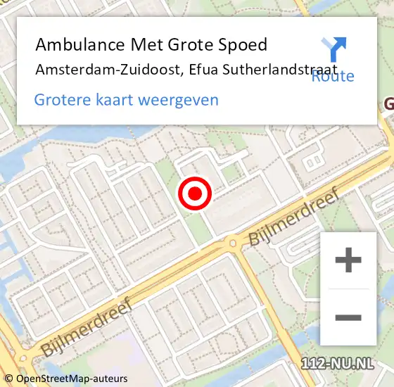 Locatie op kaart van de 112 melding: Ambulance Met Grote Spoed Naar Amsterdam-Zuidoost, Efua Sutherlandstraat op 21 januari 2022 07:53