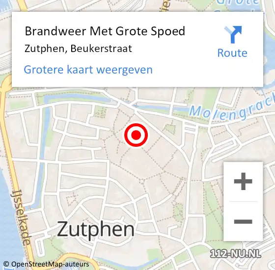 Locatie op kaart van de 112 melding: Brandweer Met Grote Spoed Naar Zutphen, Beukerstraat op 21 januari 2022 10:50