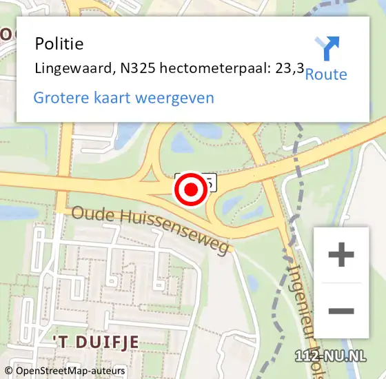 Locatie op kaart van de 112 melding: Politie Lingewaard, N325 hectometerpaal: 23,3 op 21 januari 2022 11:43