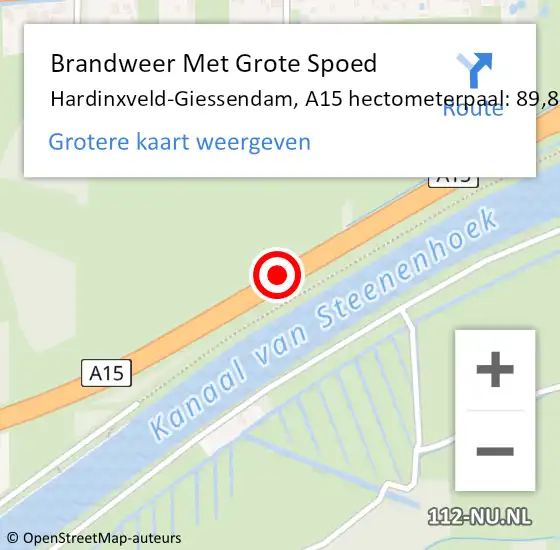 Locatie op kaart van de 112 melding: Brandweer Met Grote Spoed Naar Hardinxveld-Giessendam, A15 hectometerpaal: 89,8 op 21 januari 2022 12:57