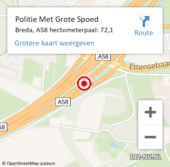 Locatie op kaart van de 112 melding: Politie Met Grote Spoed Naar Breda, A58 hectometerpaal: 72,1 op 21 januari 2022 14:30