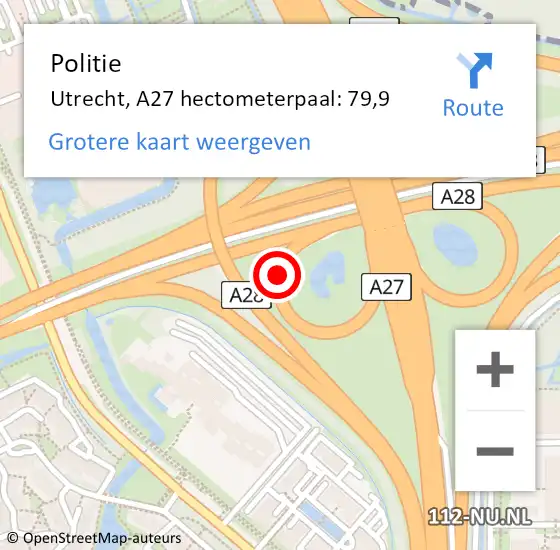 Locatie op kaart van de 112 melding: Politie Utrecht, A27 hectometerpaal: 79,9 op 21 januari 2022 15:04