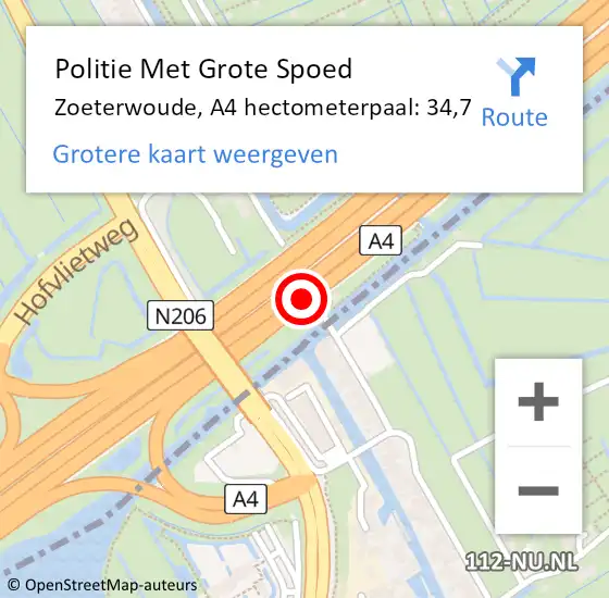 Locatie op kaart van de 112 melding: Politie Met Grote Spoed Naar Zoeterwoude, A4 hectometerpaal: 34,7 op 21 januari 2022 15:37