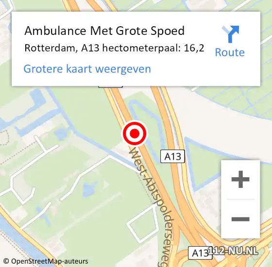 Locatie op kaart van de 112 melding: Ambulance Met Grote Spoed Naar Rotterdam, A13 hectometerpaal: 16,2 op 21 januari 2022 16:01