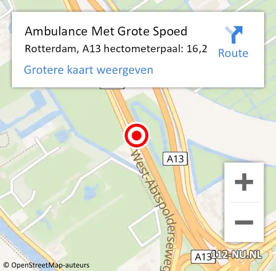 Locatie op kaart van de 112 melding: Ambulance Met Grote Spoed Naar Rotterdam, A13 hectometerpaal: 16,2 op 21 januari 2022 16:04
