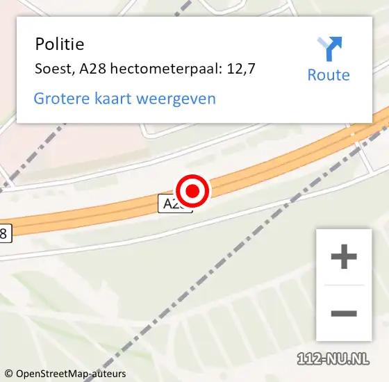 Locatie op kaart van de 112 melding: Politie Soest, A28 hectometerpaal: 12,7 op 21 januari 2022 16:51