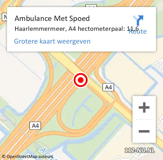 Locatie op kaart van de 112 melding: Ambulance Met Spoed Naar Haarlemmermeer, A4 hectometerpaal: 11,6 op 21 januari 2022 21:48