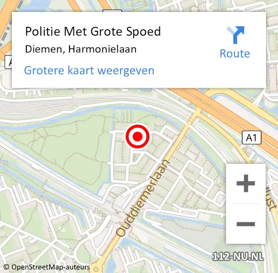 Locatie op kaart van de 112 melding: Politie Met Grote Spoed Naar Diemen, Harmonielaan op 22 januari 2022 01:37