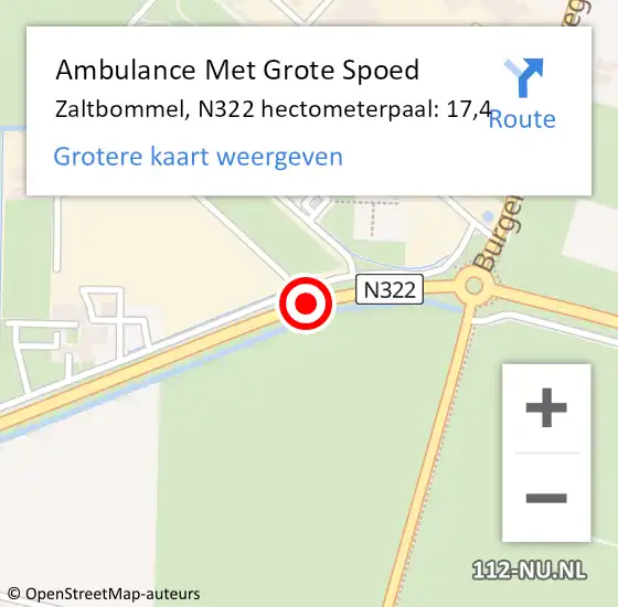 Locatie op kaart van de 112 melding: Ambulance Met Grote Spoed Naar Zaltbommel, N322 hectometerpaal: 17,4 op 22 januari 2022 04:34