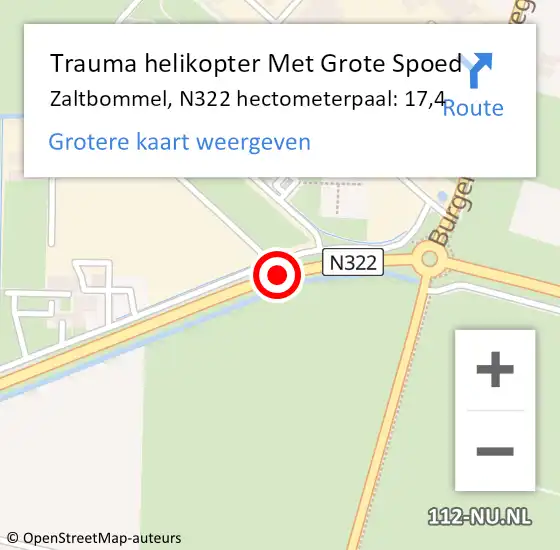 Locatie op kaart van de 112 melding: Trauma helikopter Met Grote Spoed Naar Zaltbommel, N322 hectometerpaal: 17,4 op 22 januari 2022 04:35