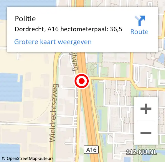 Locatie op kaart van de 112 melding: Politie Dordrecht, A16 hectometerpaal: 36,5 op 22 januari 2022 06:32