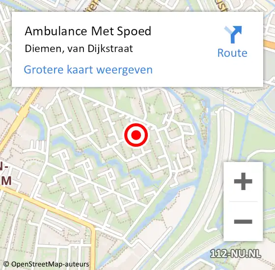 Locatie op kaart van de 112 melding: Ambulance Met Spoed Naar Diemen, van Dijkstraat op 22 januari 2022 09:08