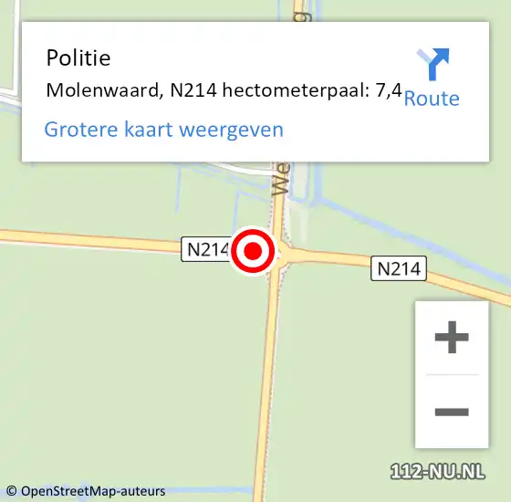 Locatie op kaart van de 112 melding: Politie Molenwaard, N214 hectometerpaal: 7,4 op 22 januari 2022 09:43