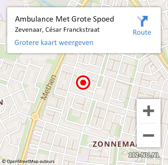 Locatie op kaart van de 112 melding: Ambulance Met Grote Spoed Naar Zevenaar, César Franckstraat op 22 januari 2022 12:34