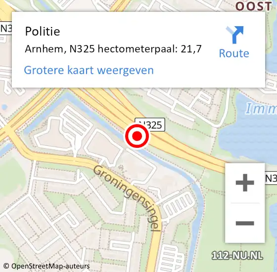 Locatie op kaart van de 112 melding: Politie Arnhem, N325 hectometerpaal: 21,7 op 22 januari 2022 15:58