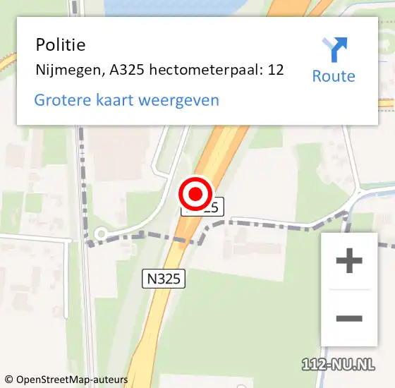 Locatie op kaart van de 112 melding: Politie Nijmegen, A325 hectometerpaal: 12 op 22 januari 2022 16:25