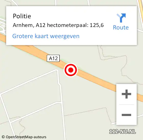 Locatie op kaart van de 112 melding: Politie Arnhem, A12 hectometerpaal: 125,6 op 22 januari 2022 20:25