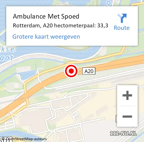 Locatie op kaart van de 112 melding: Ambulance Met Spoed Naar Rotterdam, A20 hectometerpaal: 33,3 op 22 januari 2022 21:19