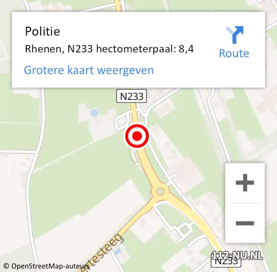 Locatie op kaart van de 112 melding: Politie Rhenen, N233 hectometerpaal: 8,4 op 22 januari 2022 22:05