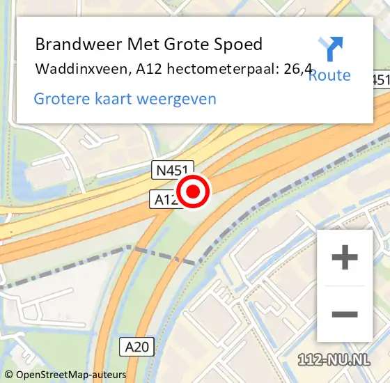 Locatie op kaart van de 112 melding: Brandweer Met Grote Spoed Naar Waddinxveen, A12 hectometerpaal: 26,4 op 22 januari 2022 22:51