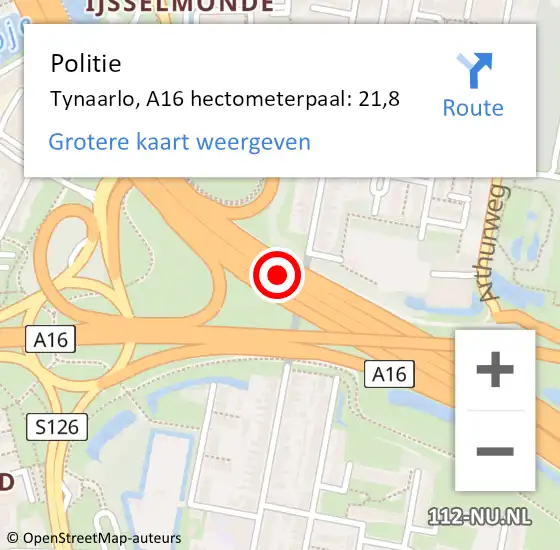 Locatie op kaart van de 112 melding: Politie Tynaarlo, A16 hectometerpaal: 21,8 op 22 januari 2022 22:52