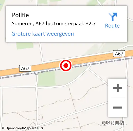 Locatie op kaart van de 112 melding: Politie Someren, A67 hectometerpaal: 32,7 op 22 januari 2022 23:24