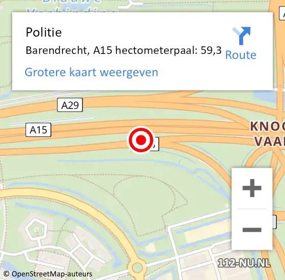 Locatie op kaart van de 112 melding: Politie Barendrecht, A15 hectometerpaal: 59,3 op 23 januari 2022 10:42