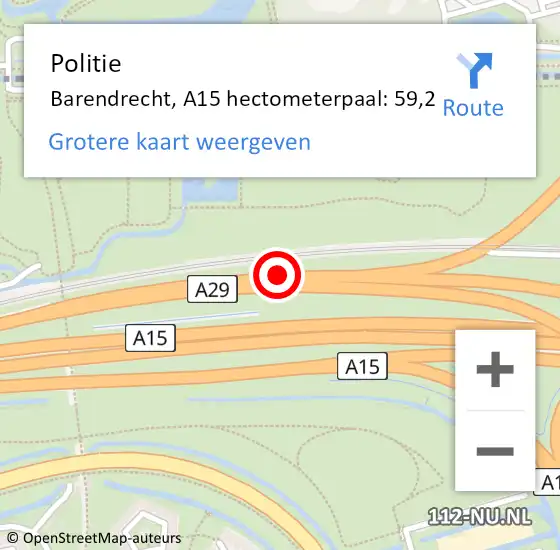 Locatie op kaart van de 112 melding: Politie Barendrecht, A15 hectometerpaal: 59,2 op 23 januari 2022 10:44