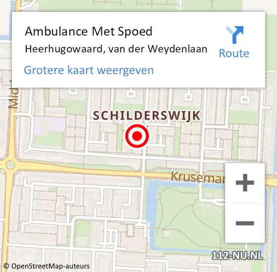 Locatie op kaart van de 112 melding: Ambulance Met Spoed Naar Heerhugowaard, van der Weydenlaan op 23 januari 2022 19:07