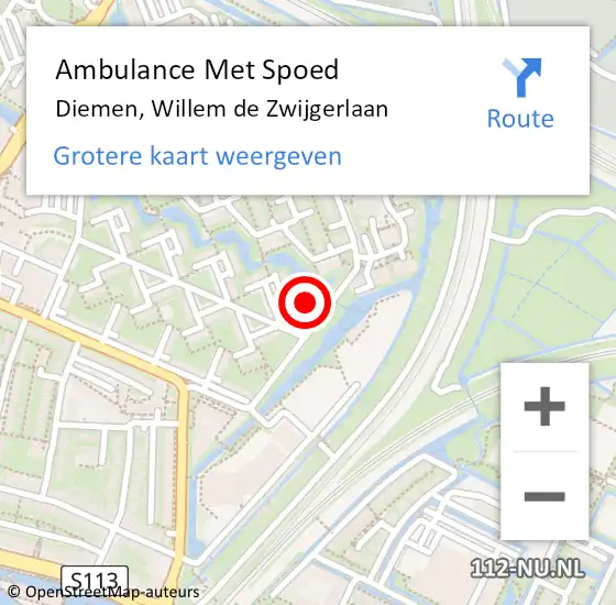 Locatie op kaart van de 112 melding: Ambulance Met Spoed Naar Diemen, Willem de Zwijgerlaan op 23 januari 2022 23:54