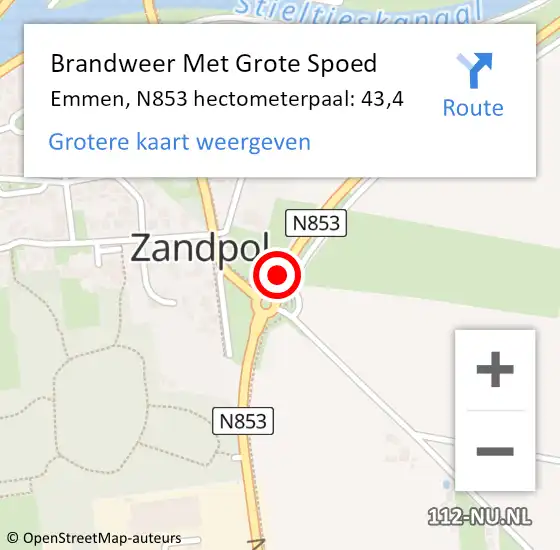 Locatie op kaart van de 112 melding: Brandweer Met Grote Spoed Naar Emmen, N853 hectometerpaal: 43,4 op 24 januari 2022 07:53