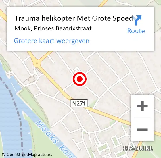 Locatie op kaart van de 112 melding: Trauma helikopter Met Grote Spoed Naar Mook, Prinses Beatrixstraat op 24 januari 2022 16:24