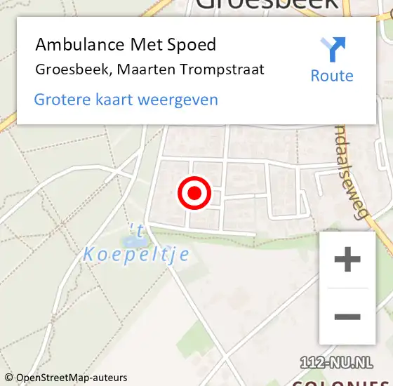 Locatie op kaart van de 112 melding: Ambulance Met Spoed Naar Groesbeek, Maarten Trompstraat op 24 januari 2022 17:16