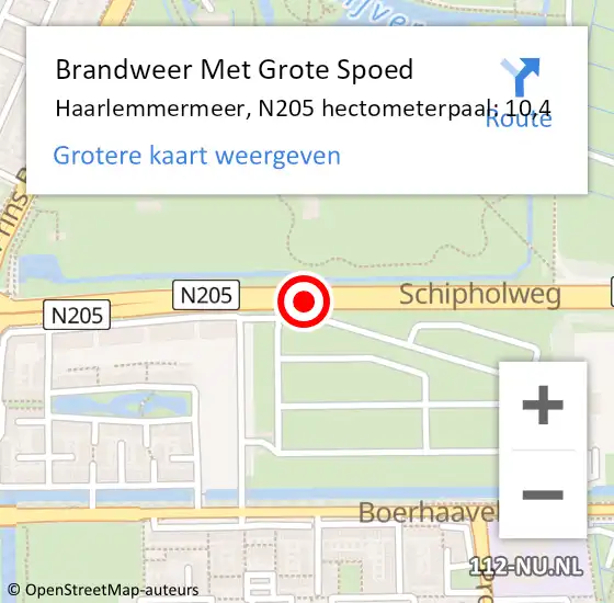 Locatie op kaart van de 112 melding: Brandweer Met Grote Spoed Naar Haarlemmermeer, N205 hectometerpaal: 10,4 op 25 januari 2022 07:00