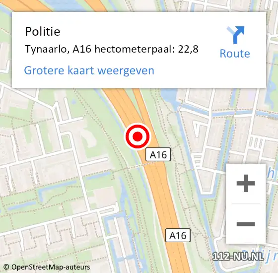 Locatie op kaart van de 112 melding: Politie Tynaarlo, A16 hectometerpaal: 22,8 op 25 januari 2022 07:41