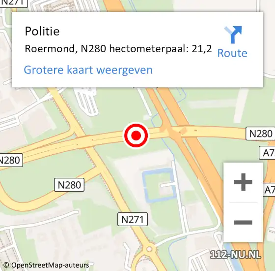 Locatie op kaart van de 112 melding: Politie Roermond, N280 hectometerpaal: 21,2 op 25 januari 2022 08:01