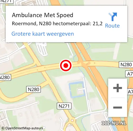Locatie op kaart van de 112 melding: Ambulance Met Spoed Naar Roermond, N280 hectometerpaal: 21,2 op 25 januari 2022 08:02