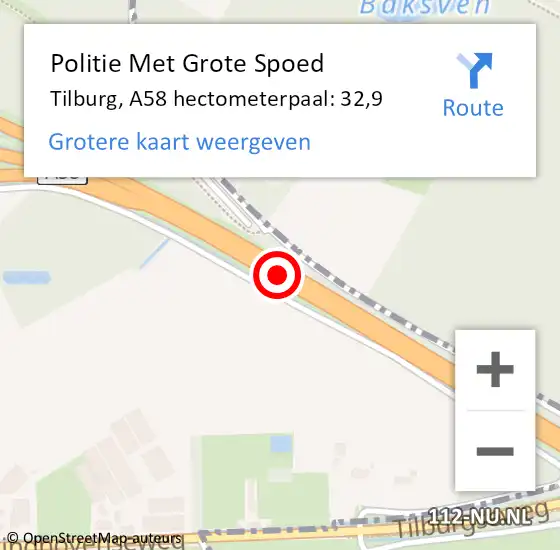 Locatie op kaart van de 112 melding: Politie Met Grote Spoed Naar Tilburg, A58 hectometerpaal: 32,9 op 25 januari 2022 10:52