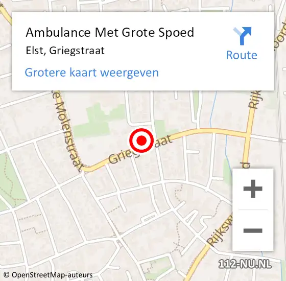 Locatie op kaart van de 112 melding: Ambulance Met Grote Spoed Naar Elst, Griegstraat op 25 januari 2022 15:56