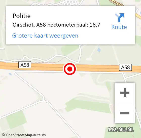 Locatie op kaart van de 112 melding: Politie Oirschot, A58 hectometerpaal: 18,7 op 25 januari 2022 17:00