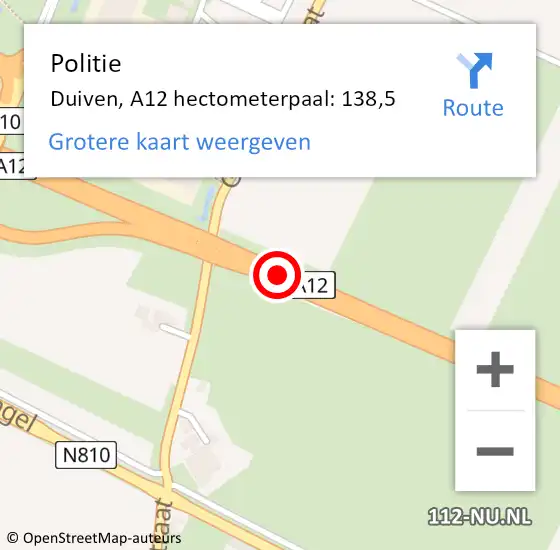 Locatie op kaart van de 112 melding: Politie Duiven, A12 hectometerpaal: 138,5 op 25 januari 2022 17:42