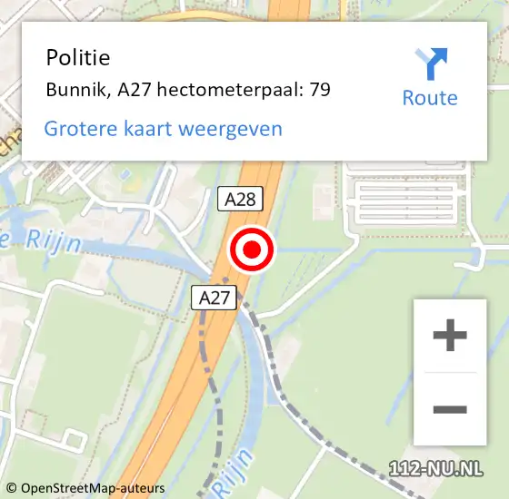 Locatie op kaart van de 112 melding: Politie Bunnik, A27 hectometerpaal: 79 op 25 januari 2022 17:54