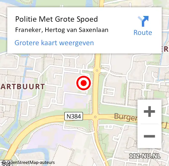 Locatie op kaart van de 112 melding: Politie Met Grote Spoed Naar Franeker, Hertog van Saxenlaan op 25 januari 2022 19:58