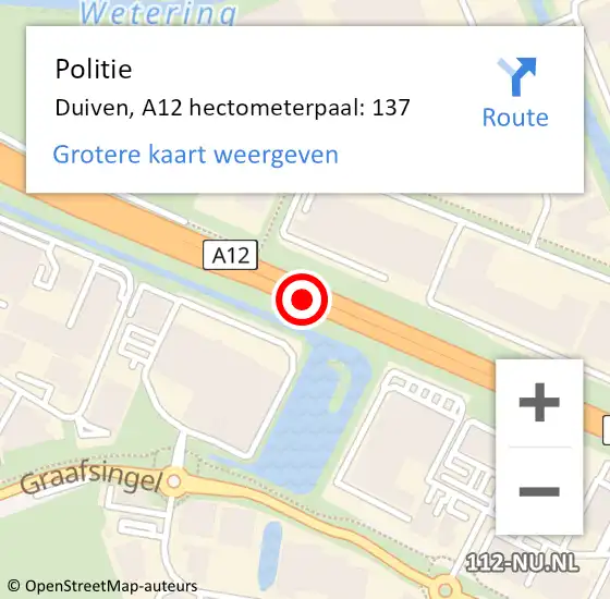 Locatie op kaart van de 112 melding: Politie Duiven, A12 hectometerpaal: 137 op 25 januari 2022 20:06