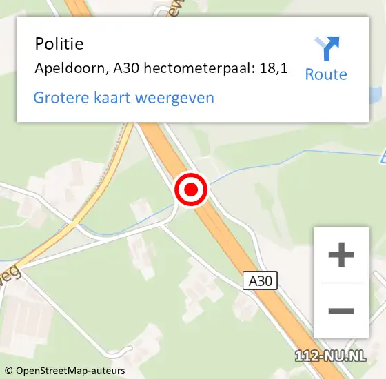 Locatie op kaart van de 112 melding: Politie Apeldoorn, A30 hectometerpaal: 18,1 op 25 januari 2022 21:12