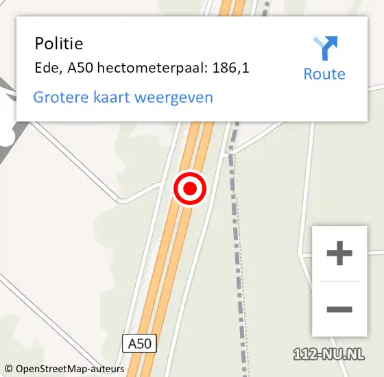 Locatie op kaart van de 112 melding: Politie Ede, A50 hectometerpaal: 186,1 op 25 januari 2022 22:21