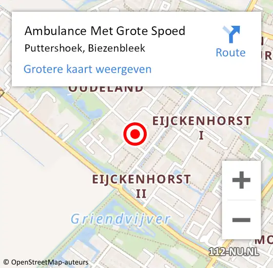 Locatie op kaart van de 112 melding: Ambulance Met Grote Spoed Naar Puttershoek, Biezenbleek op 26 januari 2022 02:15