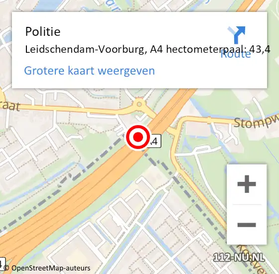 Locatie op kaart van de 112 melding: Politie Leidschendam-Voorburg, A4 hectometerpaal: 43,4 op 26 januari 2022 07:09